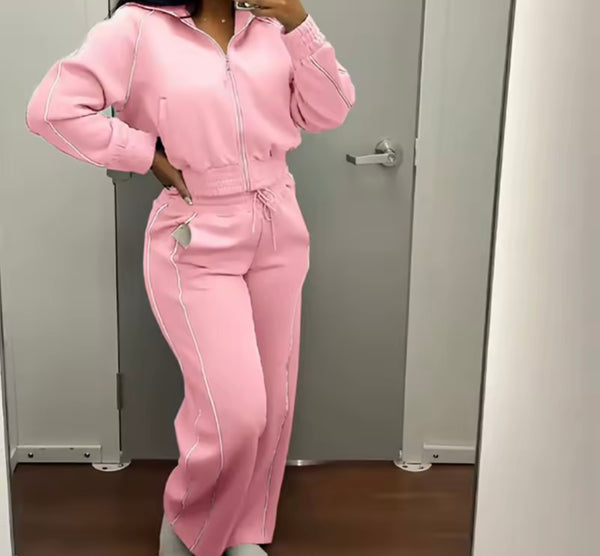 Women Fashion Striped Zip Up Tracksuit Two Piece Pant Set