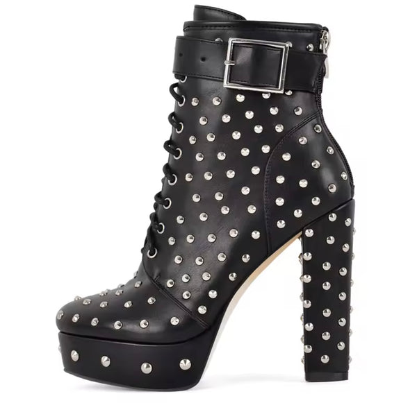Women Fashion Black Rivet High Heel Ankle Strap Buckle Boots