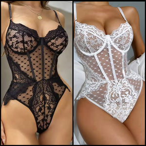 Women Sexy Sleeveless Lace Heart Mesh Bodysuit Lingerie
