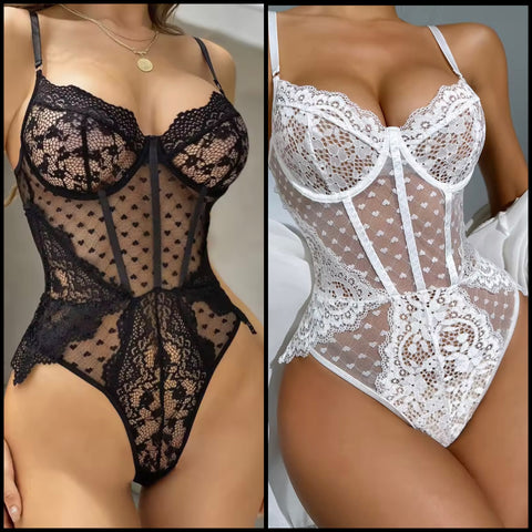Women Sexy Sleeveless Lace Heart Mesh Bodysuit Lingerie