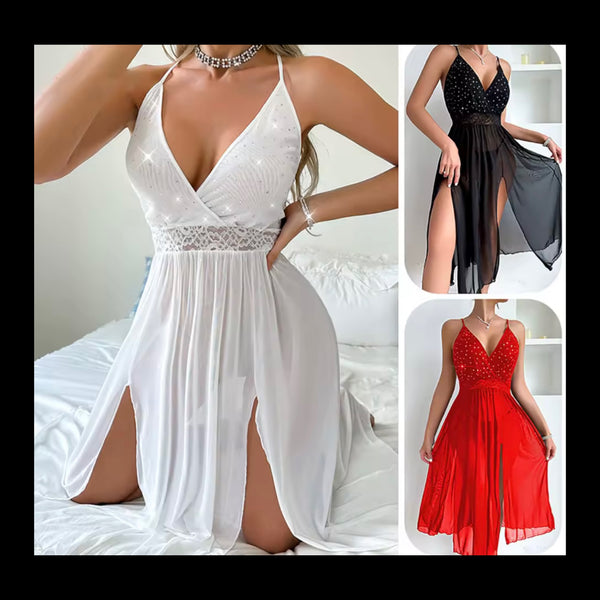 Women Sexy Sleeveless Bling Mesh Nightgown Lingerie