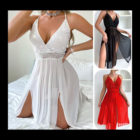 Women Sexy Sleeveless Bling Mesh Nightgown Lingerie