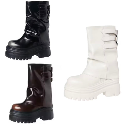 Women Fashion Round Toe Buckled Platform Boots