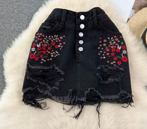 Women Fashion Embroidered Floral Ripped Denim Skirt
