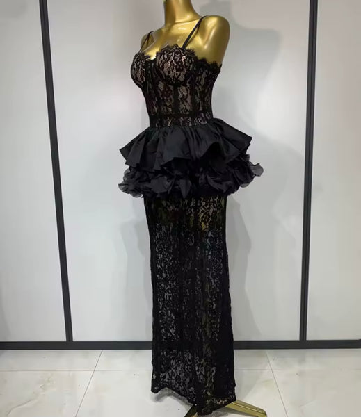 Women Black Sleeveless Sexy Lace Ruffled Maxi Dress