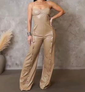 Women Sleeveless Rivet Faux Leather Fashion Jumpsuit