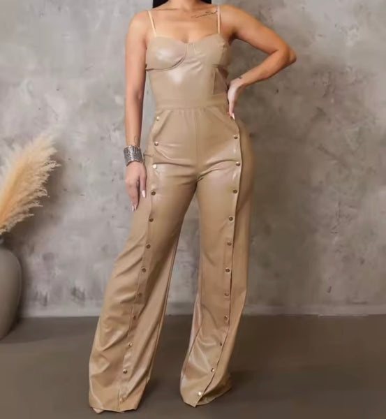 Women Sleeveless Rivet Faux Leather Fashion Jumpsuit