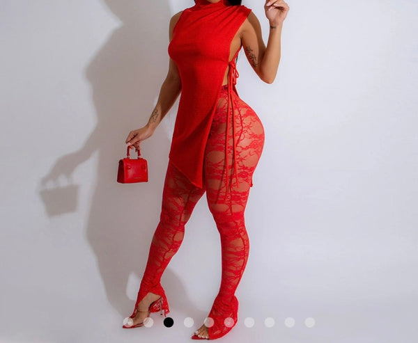 Women Sexy Sleeveless Solid Color Two Piece Lace Pant Set
