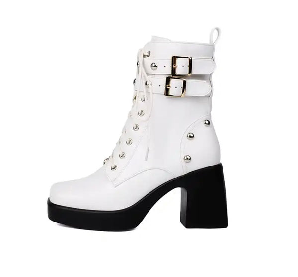 Women Fashion Platform Buckled Lace Up Ankle Boots