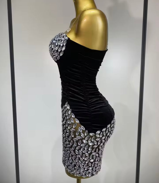 Women Sexy Sleeveless Crystal Black Ruched Velvet Dress
