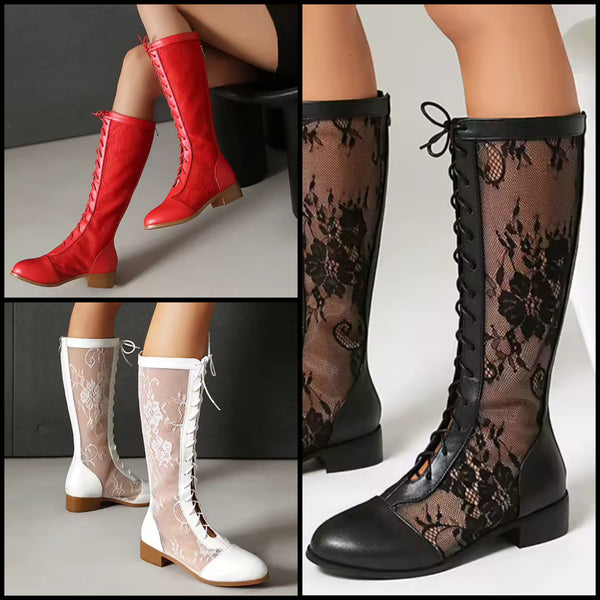 Women Fashion Lace Patchwork Tie Up Flat Boots