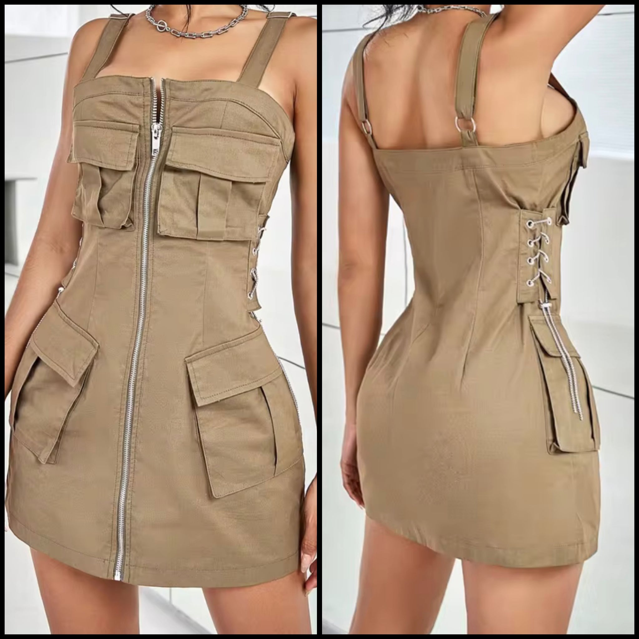 Women Sleeveless Zip Up Pocket Khaki Dress