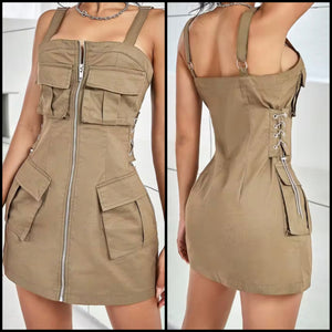 Women Sleeveless Zip Up Pocket Khaki Dress