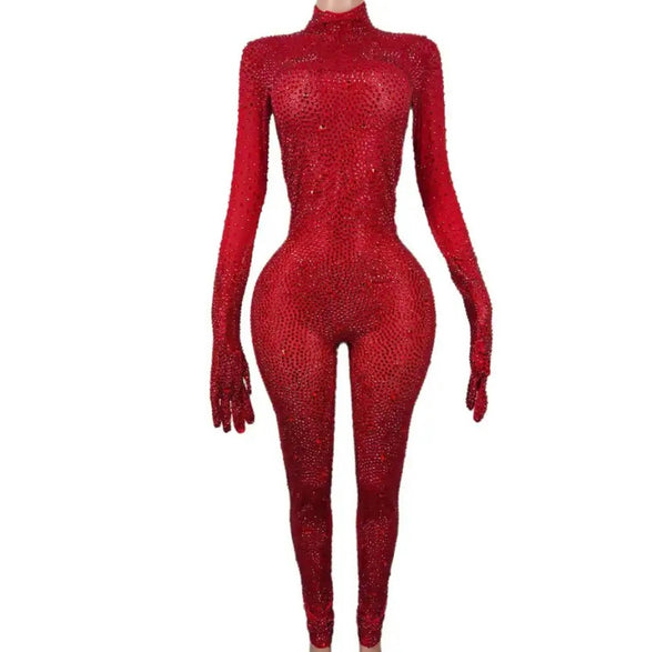 Women Sexy Rhinestone Crystal Glove Full Sleeve Jumpsuit