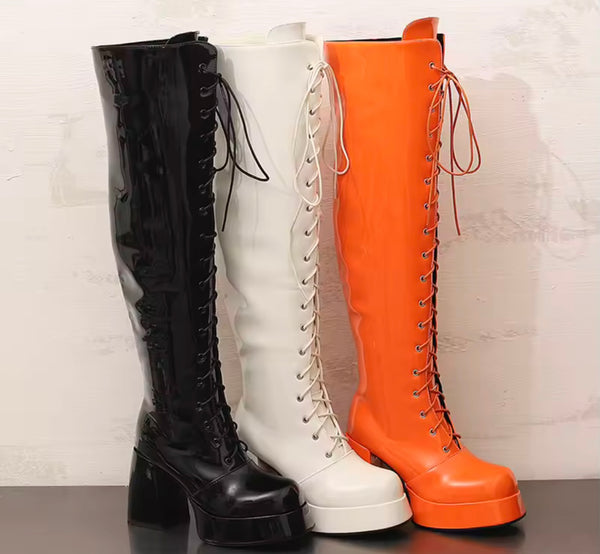 Women Fashion Patent Leather Lace Up Knee High Boots