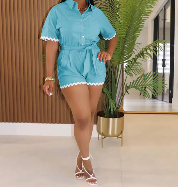 Women Button Up Short Sleeve Color Patchwork Belted Romper
