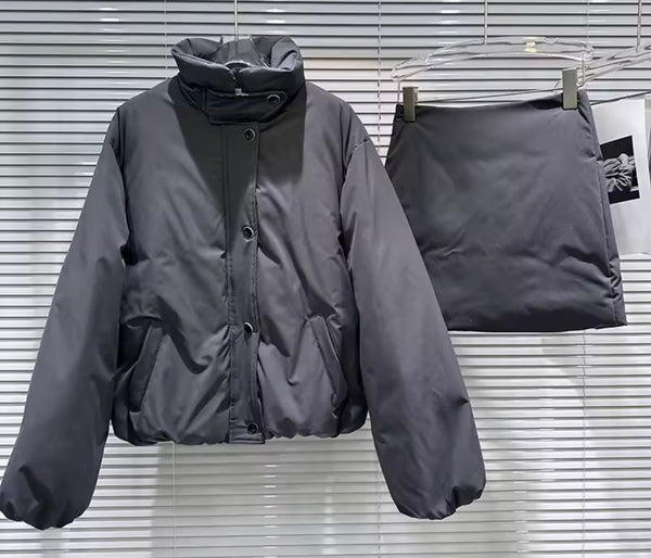 Women Fashion Puff Button Up Jacket Two Piece Skirt Set