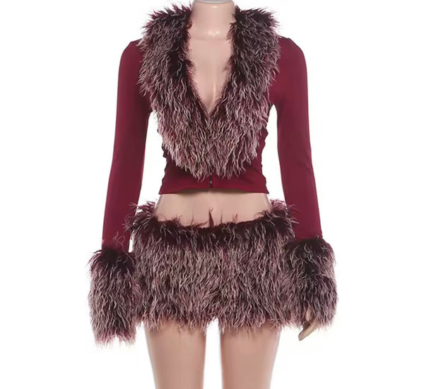 Women Sexy Faux Fur Full Sleeve Two Piece Short Skirt Set