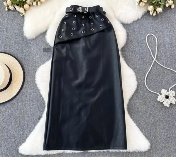 Women Solid Color Fashion Faux Leather Maxi Skirt