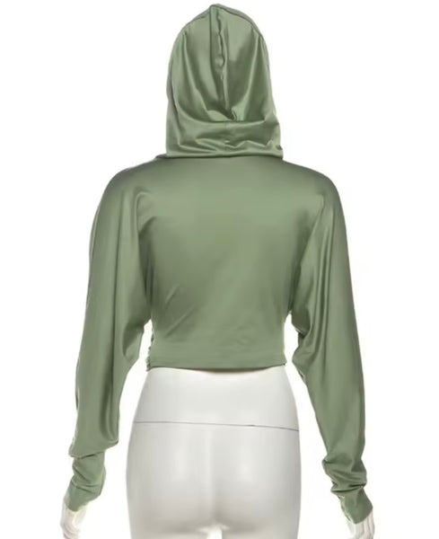 Women Fashion Green Hooded Ruched Full Sleeve Crop Top