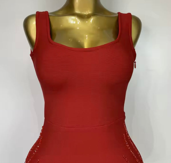 Women Sexy Sleeveless Red Beaded Tassel Dress