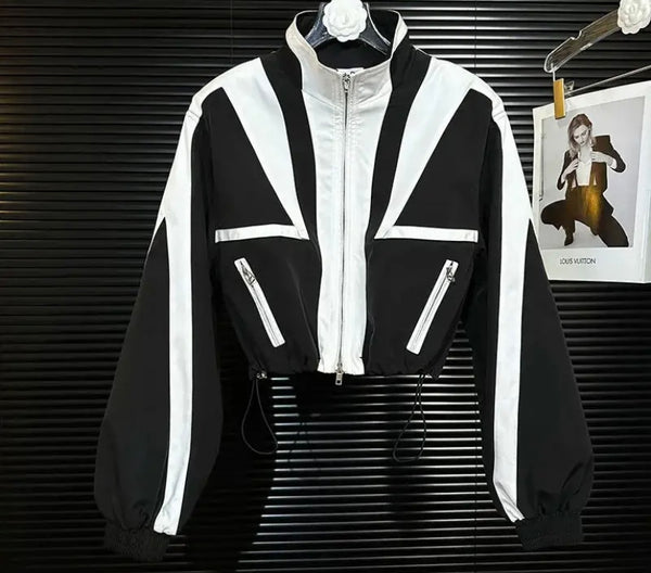 Women Fashion Color Patchwork Zip Up Jacket