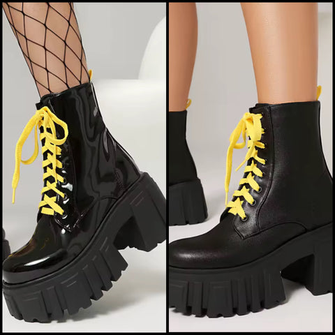 Women Black Fashion Yellow Lace Up Platform Ankle Boots