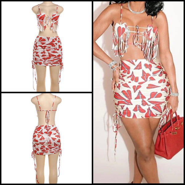 Women Sexy Heart Print Halter Sleeveless Two Piece Skirt Set