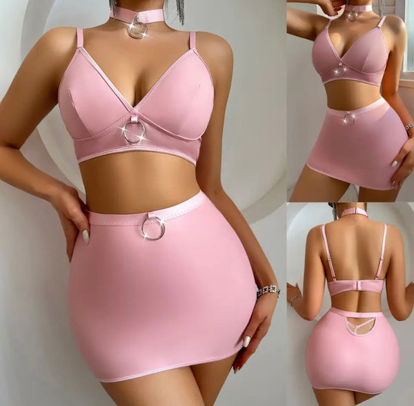 Women Pink Choker Mesh Sexy Lingerie Set