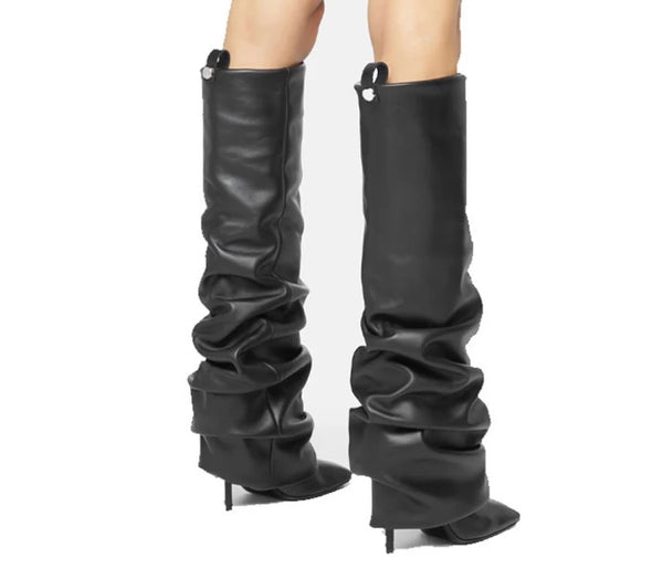 Women Fashion Faux Leather Black Ruched Knee High Boots