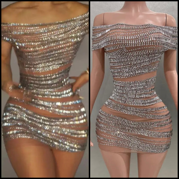 Women Sexy Off The Shoulder Short Sleeve Mesh Bling Dress