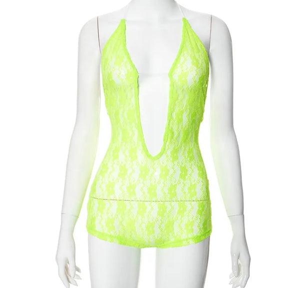 Women Sexy Neon Lace Halter Sleeveless Romper