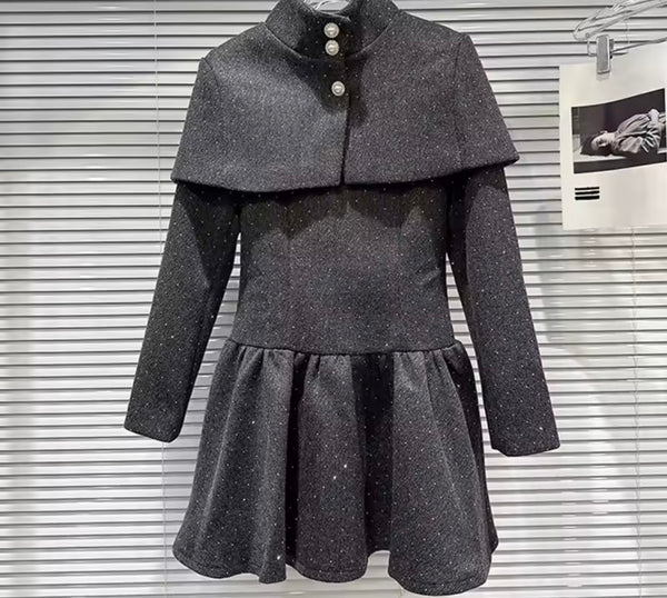 Women Gray Rhinestone Fashion Two Piece Shawl Dress Set