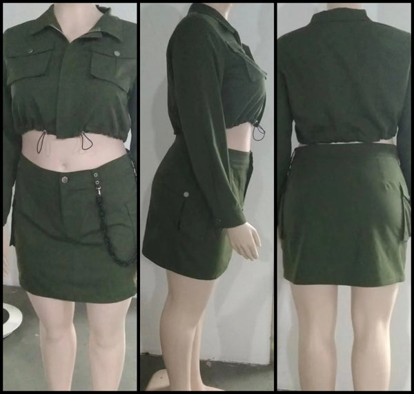 Women Green Fashion Full Sleeve Crop Chain Two Piece Skirt Set