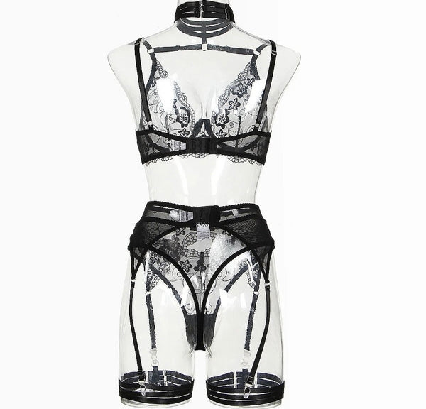 Women Sexy Choker Floral Mesh Lingerie Set