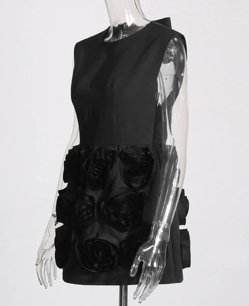 Women Black Sexy Sleeveless 3D Floral Open Back Dress