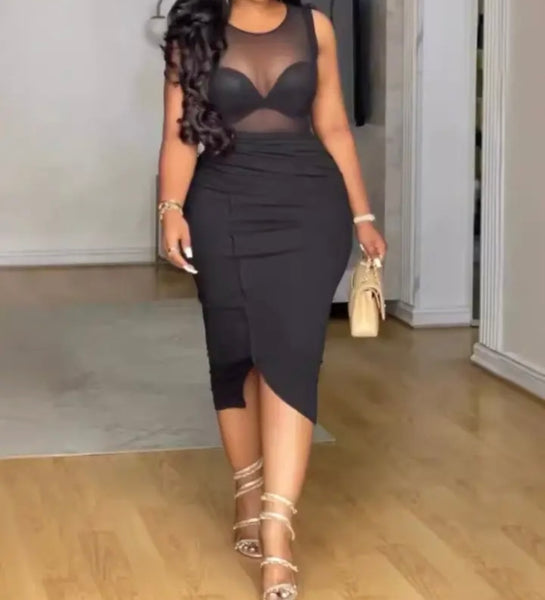 Women Black Sexy Sleeveless Mesh Patchwork Dress