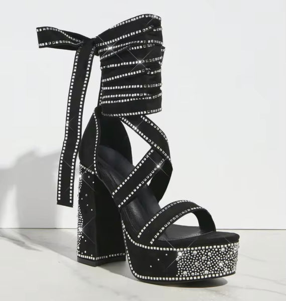 Women Fashion Suede Bling Lace Up Platform Sandals