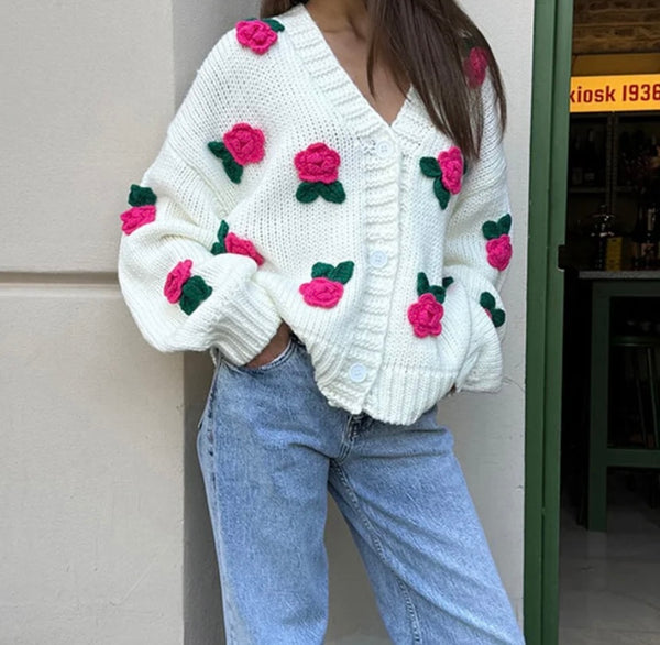 Women V-Neck Button Up 3D Floral Fashion Full Sleeve Sweater Top