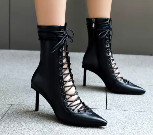 Women Fashion Pointed Toe Patent Leather Lace Up Ankle Boots