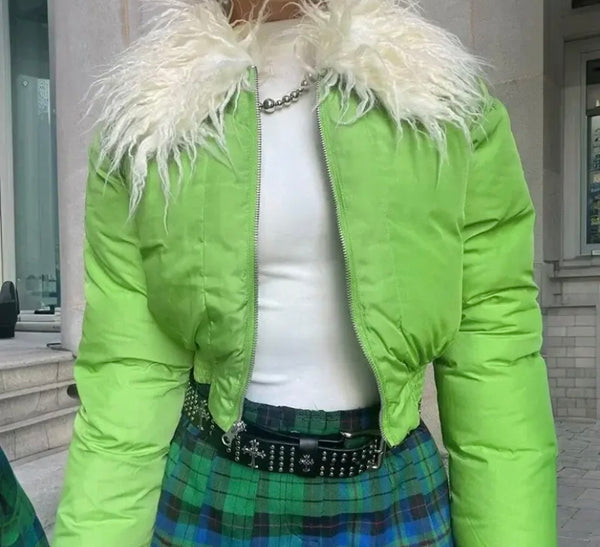 Women Fashion Green Furry Collar Puff Crop Jacket