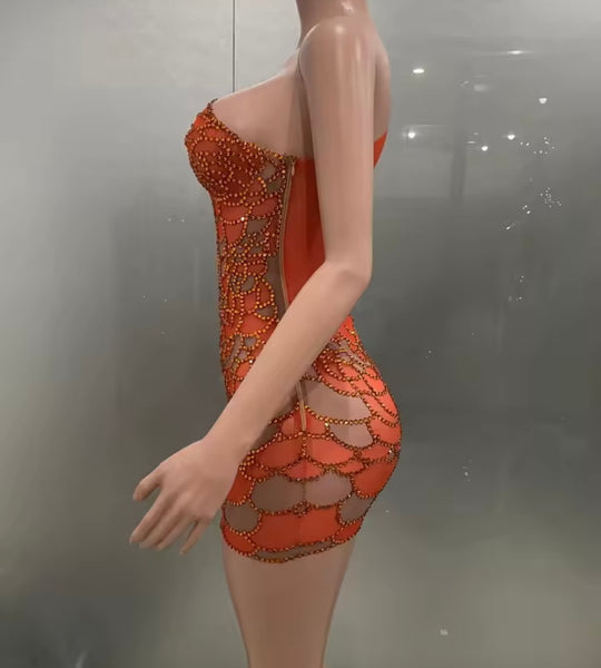 Women Orange One Shoulder Rhinestone Sexy Mesh Dress