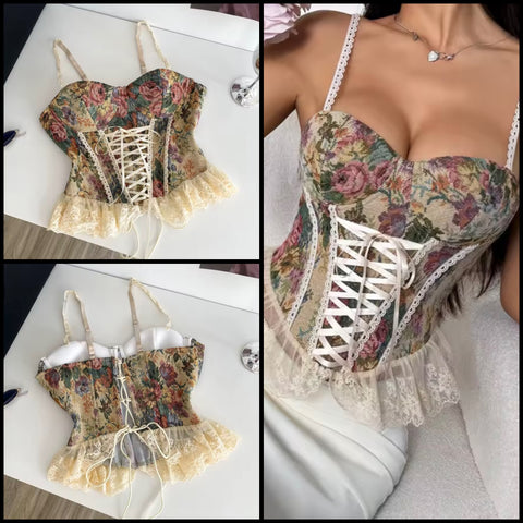 Women Sleeveless Floral Ruffled Corset Top