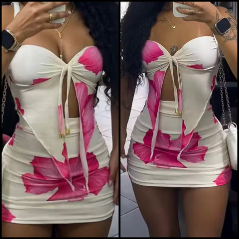 Women White Sexy Strapless Floral Print Two Piece Skirt Set