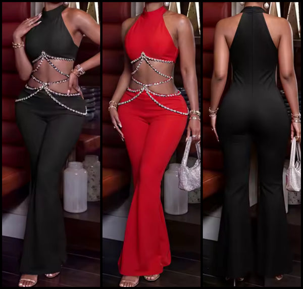 Women Sexy Sleeveless Cut Out Chain Jumpsuit