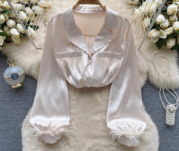 Women Button Up Feather Full Sleeve Fashion Top
