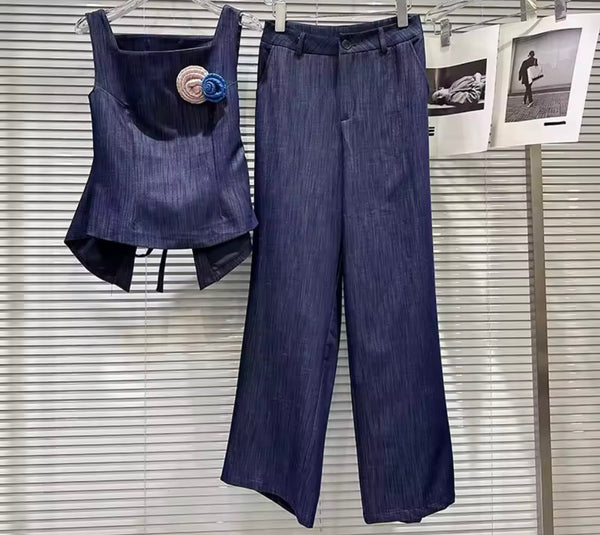 Women Sleeveless 3D Floral Denim Fashion Two Piece Pant Set