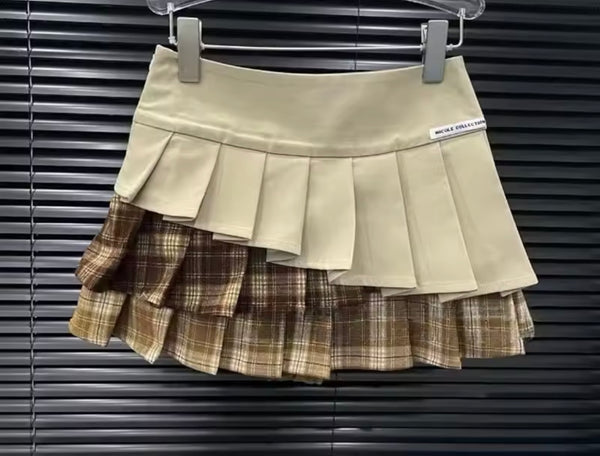 Women Letter Print Hooded Sweater Two Piece Plaid Pleated Skirt Set