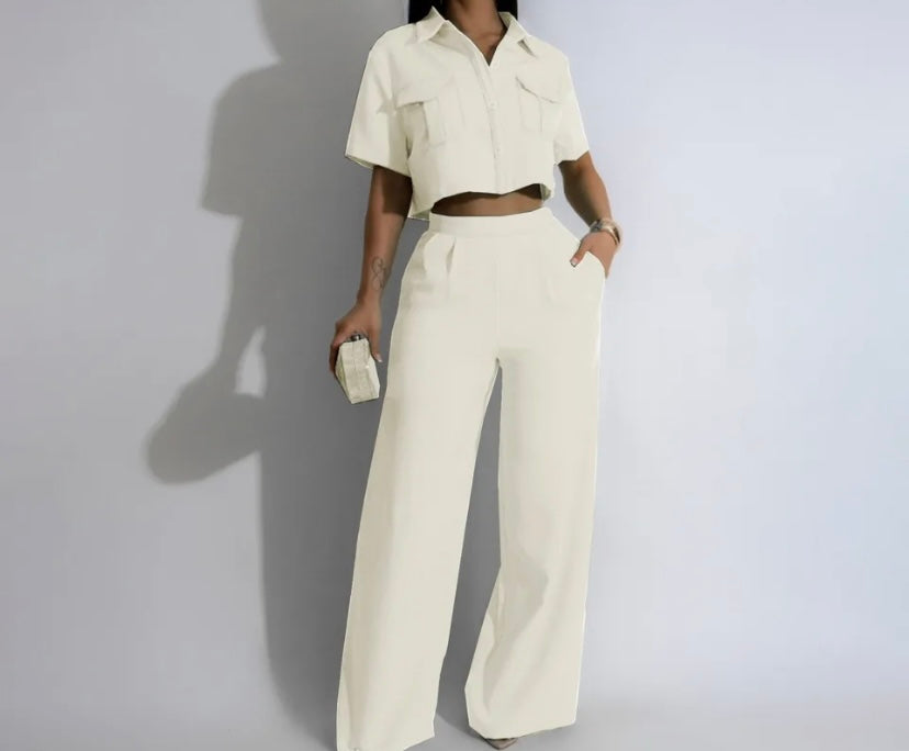 Women Button Up Short Sleeve Fashion Two Piece Pant Set