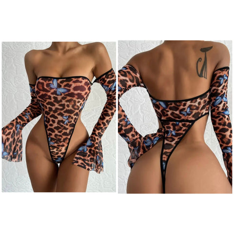 Women Sexy Off The Shoulder Leopard Print Bodysuit Lingerie